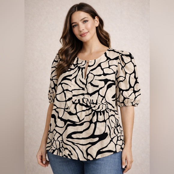 Rachel Zoe Tops - Rachel Zoe Linen Blend Puff Sleeve Blouse XL Abstract Print Boho Chic